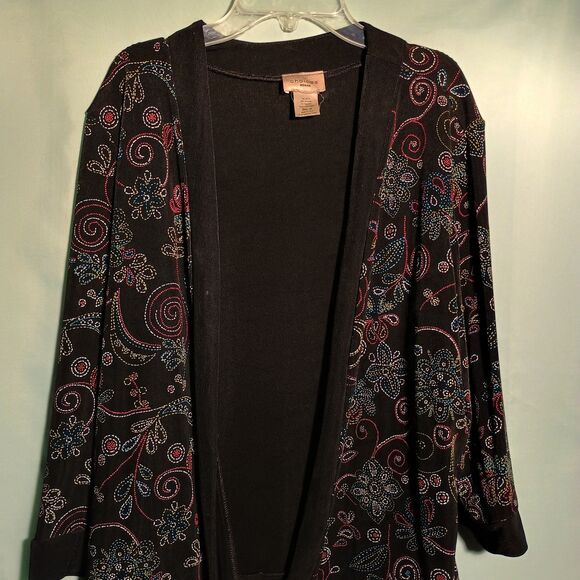 Boho Style Women's Embroidered Cardigan with Tie Front – Black Floral Knit Sweat - Picture 2 of 4